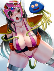 Rule 34 | 1girl, areola slip, arms under breasts, bent over, black hair, blush, breast hold, breasts, cleavage, collarbone, cosplay, covered erect nipples, crossed arms, dragon quest, final fantasy, final fantasy vii, gloves, glowing, glowing eyes, gradient background, helmet, highres, large breasts, long hair, monster, open mouth, red eyes, revealing swimsuit (dq), slime (creature), slime (dragon quest), slingshot swimsuit, swimsuit, switch01, tifa lockhart