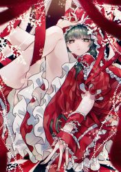 1girl, absurdres, bad perspective, bangs, barefoot, blunt bangs, blurry, blurry foreground, bow, bright pupils, depth of field, dress, expressionless, eyebrows visible through hair, feet out of frame, feet up, foreshortening, frilled bow, frills, front ponytail, gradient, gradient background, green eyes, green hair, green nails, hair bow, hair ribbon, hand on forehead, highres, huge filesize, kagiyama hina, katai (nekoneko0720), legs up, long hair, looking at viewer, lying, nail polish, on back, parted lips, petticoat, puffy short sleeves, puffy sleeves, red bow, red dress, red ribbon, ribbon, short sleeves, solo, touhou, white pupils