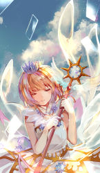 Rule 34 | 1girl, bare arms, bare shoulders, blue sky, blush, brown hair, cardcaptor sakura, clear card, closed eyes, closed mouth, cloud, crown, day, dress, facing viewer, glowing, highres, holding, holding wand, kinomoto sakura, kita (kitairoha), light, light particles, short hair, signature, sky, sleeveless, sleeveless dress, smile, solo, transparent wings, wand, white dress, wings