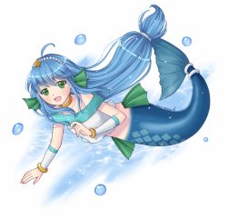 Rule 34 | 1girl, :d, ahoge, blue eyes, blue hair, choker, commentary request, crop top, fins, full body, green eyes, head fins, jewelry, long hair, looking at viewer, low-tied long hair, madou monogatari, mermaid, mitsu masaya, monster girl, open mouth, puyopuyo, serilly (puyopuyo), smile, solo, very long hair, water, white background, yellow choker