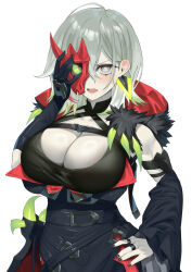 Rule 34 | 1girl, blush, breasts, cleavage, colored tips, detached sleeves, diabellstar the black witch, dress, duel monster, gloves, green eyes, green hair, grey hair, half mask, highres, hood, large breasts, mask, medium hair, multicolored hair, pale skin, red mask, single detached sleeve, single glove, single sleeve, solo, white background, yappen, yu-gi-oh!