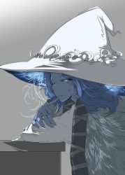 Rule 34 | 1girl, blue eyes, blue hair, blue skin, cloak, closed mouth, colored skin, elden ring, fur cloak, gradient background, grey background, hat, highres, long sleeves, one eye closed, qianbi he, ranni the witch, short hair, upper body, white headwear, witch, witch hat