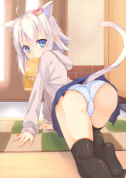 Rule 34 | 1girl, ahoge, animal ears, ass, bad id, bad nicoseiga id, black thighhighs, blue eyes, blue panties, blush, bow, cat ears, cat girl, cat tail, door, female focus, hair bow, hood, hoodie, kinta (distortion), looking at viewer, mouth hold, open m/, original, panties, polka dot, polka dot panties, short hair, silver hair, solo, tail, thighhighs, underwear