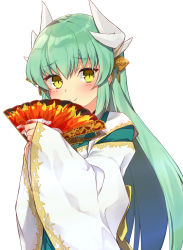 Rule 34 | 1girl, agsen, blush, closed mouth, dragon girl, dragon horns, fate/grand order, fate (series), green hair, hand fan, holding, holding fan, horns, japanese clothes, kiyohime (fate), long hair, looking at viewer, simple background, smile, solo, upper body, white background, wide sleeves, yellow eyes