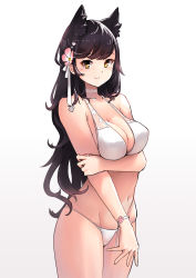Rule 34 | 1girl, animal ears, arukiru, atago (azur lane), atago (summer march) (azur lane), azur lane, bikini, black hair, breast hold, breasts, choker, cleavage, closed mouth, cowboy shot, flower, gradient background, hair flower, hair ornament, hand on own arm, highres, large breasts, long hair, looking at viewer, mole, mole under eye, navel, simple background, smile, solo, swept bangs, swimsuit, white bikini, wristband, yellow eyes