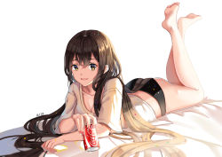 Rule 34 | 10s, 1girl, 2016, :d, bare legs, barefoot, bed sheet, black hair, black panties, breasts, can, cleavage, coca-cola, dated, drink can, duzie e, eyebrows, full body, hair between eyes, holding, legs up, light particles, long hair, looking at viewer, lying, medium breasts, nail polish, no pants, on bed, on stomach, open mouth, original, panties, product placement, red nails, shirt, short sleeves, smile, soda can, soles, solo, t-shirt, the pose, underwear, very long hair, white background, white shirt, yellow eyes