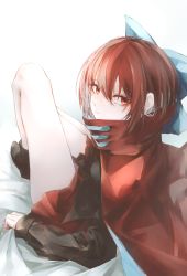 Rule 34 | 1girl, bed sheet, black footwear, black shirt, blue bow, bow, cape, closed mouth, hair between eyes, hair bow, highres, holding, holding sheet, knee up, long sleeves, looking at viewer, on bed, red cape, red eyes, red hair, red ribbon, red skirt, ribbon, ribbon-trimmed bow, ribbon-trimmed shirt, safutsuguon, sekibanki, shirt, short hair, simple background, sitting, skirt, solo, touhou, white background