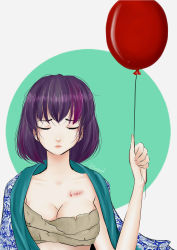 Rule 34 | 1girl, balloon, blood, bnnyhood, breasts, cleavage, closed mouth, commentary, closed eyes, highres, holding, holding balloon, large breasts, original, purple hair, red balloon, sarashi, short hair, solo, upper body