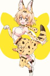 Rule 34 | 1girl, :d, animal ear fluff, animal ears, arched back, bad id, bad twitter id, belt, black belt, blonde hair, bow, bowtie, commentary, elbow gloves, erakin, extra ears, gloves, high-waist skirt, highres, japari symbol, kemono friends, leg up, looking at viewer, open mouth, paw pose, print bow, print bowtie, print gloves, print neckwear, print skirt, print thighhighs, serval (kemono friends), serval print, serval tail, shirt, shoes, short hair, skirt, sleeveless, sleeveless shirt, smile, solo, standing, standing on one leg, striped tail, tail, thighhighs, traditional bowtie, white footwear, white shirt, yellow bow, yellow bowtie, yellow gloves, yellow skirt, yellow thighhighs