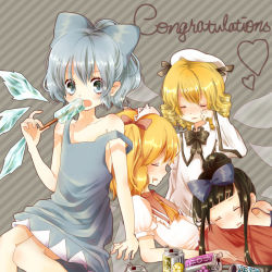 Rule 34 | 4girls, arm support, bare shoulders, black hair, blonde hair, blue eyes, blue hair, bow, can, cirno, drill hair, closed eyes, food, hair bow, ice, long hair, luna child, multiple girls, off shoulder, orange hair, oriental sacred place, popsicle, short hair, sleeping, star sapphire, sunny milk, touhou, umi (umi02), wings, yousei daisensou
