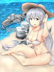 Rule 34 | 1girl, :d, azur lane, bare shoulders, barefoot, beach, belly, bikini, blue eyes, blue sky, blush, bow, braid, breasts, camouflage, chain, cleavage, cloud, collarbone, commentary request, day, feet, french braid, full body, hair bow, hand up, hat, large breasts, light purple hair, long hair, looking at viewer, machinery, navel, ocean, official alternate costume, open mouth, outdoors, rodney (azur lane), rodney (future seaside admiral) (azur lane), sand, see-through, shoes, unworn shoes, side-tie bikini bottom, sitting, sky, smile, stomach, straw hat, sun hat, swimsuit, turret, very long hair, water, white bikini, yashio (0321)