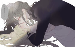 Rule 34 | 1boy, 1girl, age difference, androgynous, bishounen, black shirt, blonde hair, choker, closed eyes, couple, dress, french kiss, grey eyes, grey hair, hetero, highres, hug, kiss, long hair, long sleeves, looking at another, lying, msa (fary white), on back, original, red pupils, shirt, simple background, upper body, white background, white choker, white dress