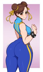 Rule 34 | 1girl, afrobull, alternate costume, alternate hairstyle, ass, ass shake, bare shoulders, blush, bodysuit, breasts, brown eyes, brown hair, capcom, chun-li, curvy, double bun, female focus, hair bun, hair ribbon, highres, huge ass, looking at viewer, looking back, medium breasts, patreon, ribbon, shiny skin, simple background, smile, solo, street fighter, thick thighs, thighs, wide hips