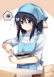 Rule 34 | 1girl, apron, black hair, blue eyes, blush, chocolate, closed mouth, hair ornament, head scarf, highres, komori kuzuyu, long hair, original, ribbed sweater, rivier (kuzuyu), solo, spoken squiggle, squiggle, sweat, sweater, valentine, whisking