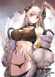 Rule 34 | 1girl, arknights, bare shoulders, black choker, black panties, breasts, choker, cleavage, commentary request, cowboy shot, crop top, groin, highres, horns, infection monitor (arknights), large breasts, long hair, long sleeves, looking at viewer, material growth, midriff, mudrock (arknights), navel, open clothes, oripathy lesion (arknights), panties, pointy ears, pupps, red eyes, silver hair, solo, sports bra, standing, stomach, thighs, underwear