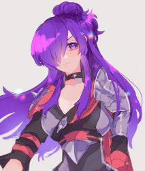 Rule 34 | 1girl, armor, asymmetrical clothes, blush, breasts, cape, choker, cleavage, closed mouth, fes4, fire emblem, fire emblem: three houses, fire emblem warriors: three hopes, hair bun, hair over one eye, large breasts, long hair, looking at viewer, nintendo, purple eyes, purple hair, shez (female) (fire emblem), shez (fire emblem), simple background, single hair bun, smile, solo