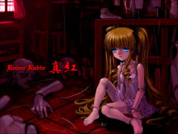 Rule 34 | 00s, 1girl, barefoot, blonde hair, blue eyes, book, doll joints, drill hair, expressionless, eyebrows, jewelry, joints, long hair, mutsuki (moonknives), open clothes, revision, ring, room, rozen maiden, shelf, shinku, sitting, solo, string, twintails, very long hair, wallpaper