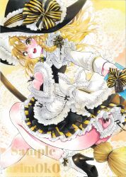 Rule 34 | 1girl, absurdres, adapted costume, arim0k0, artist name, ass, ass cutout, black footwear, black hat, blonde hair, blush, braid, breasts, broom, butt crack, cleavage, cleavage cutout, clothing cutout, commentary, frilled skirt, frills, hat, heart cutout, highres, kirisame marisa, long hair, long sleeves, looking at viewer, marker (medium), medium breasts, open mouth, sample watermark, side braid, single braid, skirt, socks, solo, teeth, too many, too many frills, touhou, traditional media, upper teeth only, valentine, watermark, white socks, witch hat, yellow background