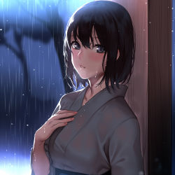Rule 34 | 1girl, black eyes, black hair, blush, commentary request, deras, japanese clothes, kimono, looking at viewer, messy hair, night, original, outdoors, parted lips, rain, see-through, short hair, smile, solo, wet, wet clothes, wet hair, wet kimono, yukata