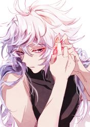 Rule 34 | 1boy, bishounen, black shirt, blush, colored tips, earrings, facing viewer, fate/grand order, fate (series), heeparang, jewelry, looking to the side, merlin (fate), messy hair, multicolored hair, pale skin, purple eyes, purple hair, putting on jewelry, shirt, sleeveless, white hair
