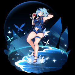 Rule 34 | 1girl, absurdres, alcohol, alternate costume, arm up, armpits, blue footwear, blue hair, blue hairband, bodystocking, bracelet, breasts, commentary, cup, drinking glass, english commentary, eula (genshin impact), full body, genkung, genshin impact, hairband, highres, ice, jewelry, large breasts, looking at viewer, medium hair, side ponytail, skindentation, thigh strap, thighs, wine, wine glass