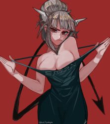 Rule 34 | 1girl, absurdres, adjusting strap, apron, bare shoulders, black apron, black tail, breasts, demon horns, demon tail, english text, expressionless, frown, grey hair, helltaker, highres, horns, large breasts, looking at viewer, lucifer (helltaker), mole, mole under eye, naked apron, pentagram, red background, red eyes, savadava, sidelocks, tail, white horns