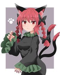 Rule 34 | 1girl, :/, animal ears, black bow, blush, bow, braid, breasts, cat ears, cat tail, chups, dress, frilled dress, frilled sleeves, frills, hair bow, highres, kaenbyou rin, long sleeves, looking at viewer, medium breasts, multiple tails, nail polish, nekomata, red eyes, red hair, red nails, solo, tail, touhou, twin braids, two tails