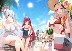 Rule 34 | 4girls, akari (blue archive), beach, bikini, black bikini, blonde hair, blue archive, blue sky, breasts, cleavage, cloud, cooler, corn cob, day, ddangbi, drinking straw, eating, flower, food, food stand, fruit, grin, hair bun, halo, haruna (blue archive), haruna (swimsuit) (blue archive), hat, hat flower, highres, horns, ice cream cone, index finger raised, izumi (blue archive), junko (blue archive), large breasts, leaning, long hair, multiple girls, navel, octopus, one-piece swimsuit, one eye closed, outdoors, palm tree, red bikini, red eyes, red hair, school swimsuit, sign, sitting, sky, smile, stomach, straw hat, sun, sunlight, swimsuit, tree, twintails, watermelon, wavy hair, wet, white one-piece swimsuit, yellow eyes