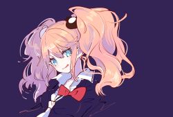 Rule 34 | 10s, 1girl, 778-go, :q, bad id, bad pixiv id, blonde hair, blue eyes, blush, breasts, cleavage, danganronpa: trigger happy havoc, danganronpa (series), dark background, enoshima junko, hair ornament, head tilt, highres, necktie, purple background, ribbon, simple background, solo, spoilers, tongue, tongue out, twintails