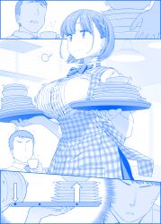 Rule 34 | 1boy, 1girl, ai-chan (tawawa), apron, arrow (symbol), blue theme, bow, bowtie, breasts, commentary, commentary request, faceless, faceless male, getsuyoubi no tawawa, highres, himura kiseki, holding, holding plate, holding tray, large breasts, necktie, onii-san (tawawa), plaid, plaid apron, plate, smile, solo, sweat, tray, waitress