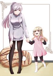Rule 34 | 2girls, alternate costume, azur lane, black legwear, blonde hair, braid, commander cool, crown braid, doughnut, dunkerque (azur lane), food, full body, hair ornament, highres, holding, holding food, holding hands, light purple hair, long hair, mother and daughter, multiple girls, open mouth, pantyhose, ponytail, red eyes, ribbed sweater, shorts, simple background, smile, sweater, teeth, upper teeth only, white footwear, white legwear, x hair ornament
