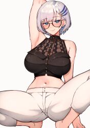 Rule 34 | 1girl, armpits, blue eyes, blush, braid, braided bangs, breasts, feather hair ornament, feathers, glasses, grey hair, hair ornament, highres, hololive, hololive indonesia, large breasts, looking at viewer, navel, pavolia reine, pavolia reine (street), short hair, solo, variant set, varniskarnis, virtual youtuber