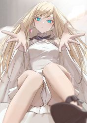 Rule 34 | 1girl, absurdres, blonde hair, blue eyes, blush, breasts, capelet, dress, earrings, expressionless, fingernails, gigi andalusia, gundam, gundam hathaway&#039;s flash, head tilt, highres, jewelry, lens flare, long hair, looking at viewer, nail polish, necosuna7l, open hands, outstretched arms, sitting, small breasts, solo, triangle earrings, white capelet, white dress