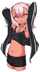 Rule 34 | 1girl, armpits, arms behind head, arms up, bare shoulders, black jacket, black shorts, black tank top, blush, breasts, chawan (yultutari), chloe von einzbern, collarbone, crop top, dark-skinned female, dark skin, fate/kaleid liner prisma illya, fate (series), highres, jacket, long hair, looking at viewer, midriff, navel, open clothes, open jacket, open mouth, orange eyes, pink hair, shorts, simple background, small breasts, smile, tank top, thighs, twintails, white background