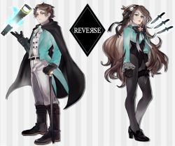 Rule 34 | 1boy, 1girl, aqua eyes, aqua vest, ascot, black shirt, boots, breasts, brooch, brother and sister, brown hair, cane, cape, collared shirt, dark persona, dipper gleeful, dominica ([=^o^=]), facial mark, forehead mark, formal, gem, gloves, glowing jewelry, gravity falls, hair ornament, hairband, high heels, jewelry, knife, leotard, loafers, long hair, mabel gleeful, magic, pantyhose, pentagram, saw, shirt, shoes, short hair, siblings, side-by-side, swept bangs, telekinesis, twins, vest