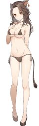 Rule 34 | 1girl, animal ears, bikini, breasts, brown bikini, brown footwear, character request, closed mouth, collarbone, copyright request, flats, forehead, full body, hand on own chest, hand up, highres, jpeg artifacts, long hair, looking at viewer, medium breasts, micro bikini, navel, rikoma, shoes, side-tie bikini bottom, simple background, smile, solo, standing, swimsuit, tail, thighs, tsurime, white background