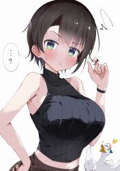 Rule 34 | ..., 1girl, ?, absurdres, alternate costume, animal, aqua eyes, armpit crease, bare shoulders, bird, black sweater, blush, breasts, brown hair, closed mouth, duck, hand on own hip, heart, highres, hololive, kuno (kc9s), large breasts, looking at viewer, midriff peek, navel, oozora subaru, playing with own hair, raised eyebrow, ribbed sweater, short hair, signature, simple background, sleeveless, sleeveless sweater, sleeveless turtleneck, spoken ellipsis, spoken question mark, squiggle, subaru duck, sweater, turtleneck, turtleneck sweater, upper body, virtual youtuber, white background, wristband