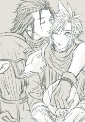 Rule 34 | 2boys, arm around shoulder, armor, belt, cloud, cloudy sky, crisis core final fantasy vii, closed eyes, final fantasy, final fantasy vii, gloves, greyscale, hair between eyes, hair slicked back, hand on own hip, highres, kissing hair, male focus, monochrome, multiple boys, one eye closed, scarf, shinra infantry uniform, short hair, shoulder armor, sky, sleeveless, sleeveless turtleneck, sleeves rolled up, spiked hair, square enix, suspenders, turtleneck, upper body, wink, yaoi, zack fair