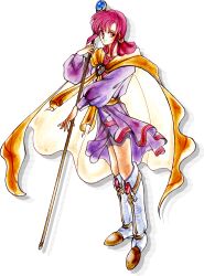 Rule 34 | 1girl, artist request, brooch, cape, dress, ethlyn (fire emblem), fire emblem, fire emblem: genealogy of the holy war, full body, highres, holding, holding staff, jewelry, looking at viewer, nintendo, official art, outstretched arm, pink eyes, pink hair, purple dress, smile, solo, staff, standing, white footwear, yellow cape