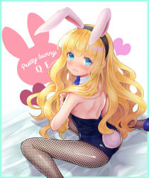 Rule 34 | 1girl, animal ears, ass, azur lane, blonde hair, blue bow, blue bowtie, blue eyes, blue leotard, bow, bowtie, commentary request, detached collar, fake animal ears, feet out of frame, fishnet pantyhose, fishnets, heart, leotard, long hair, looking at viewer, pantyhose, playboy bunny, queen elizabeth (azur lane), rabbit ears, rabbit girl, rabbit tail, sitting, solo, strapless, strapless leotard, tail, ui. (aqua pot), wariza, white background, wrist cuffs