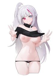 Rule 34 | 1girl, absurdres, bad id, bad pixiv id, bare shoulders, black panties, black shirt, blue eyes, bow, bow panties, breasts, clothes lift, commentary, commentary request, cowboy shot, double w, english commentary, girls&#039; frontline, girls&#039; frontline neural cloud, grey hair, grin, groin, hair bobbles, hair ornament, heterochromia, highres, kuro (neural cloud), large breasts, long hair, looking at viewer, lowleg, mdr (girls&#039; frontline), mixed-language commentary, multicolored hair, navel, nipples, panties, pink eyes, pink hair, shirt, shirt lift, short sleeves, side ponytail, simple background, smile, streaked hair, underwear, w, white background, yumin867355251