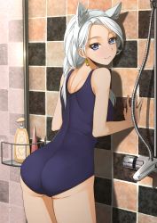 Rule 34 | 1girl, absurdres, against wall, animal ears, ass, back, bad id, bad pixiv id, blue eyes, breasts, cat ears, earrings, fake animal ears, highres, jewelry, long hair, looking at viewer, one-piece swimsuit, original, oxxo (dlengur), school swimsuit, showering, smile, solo, swimsuit, white hair