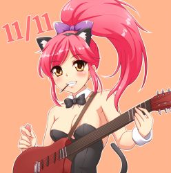 Rule 34 | 10s, 1girl, aikatsu!, aikatsu! (series), animal ears, bow, bowtie, breasts, brown eyes, cat ears, cleavage, detached collar, food, guitar, hair bow, instrument, kittysuit, leotard, long hair, mouth hold, nontraditional playboy bunny, otoshiro seira, plectrum, pocky, pocky day, ponytail, red hair, surume (clavis), tail, wrist cuffs