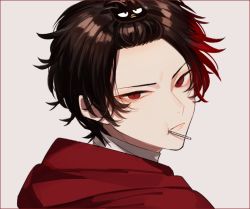 Rule 34 | 1boy, bird hair ornament, brown hair, candy, eating, food, hair ornament, highres, hizen tadahiro, looking at viewer, male focus, red eyes, red hair, simple background, touken ranbu, yamada chickenko