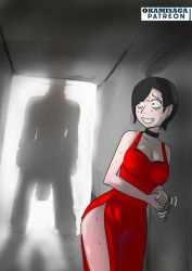 Rule 34 | 1boy, 1girl, ada wong, black hair, breasts, cleavage, dress, hat, highres, large breasts, monster, mr x, okamisaga, resident evil, resident evil 2, scared, short hair, silhouette, smile, sweat, tyrant, you gonna get raped