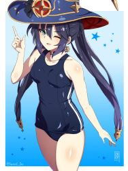 Rule 34 | 1girl, black hair, blue one-piece swimsuit, breasts, commentary request, cowboy shot, earrings, genshin impact, green eyes, hat, highres, index finger raised, jewelry, long hair, looking at viewer, mona (genshin impact), one-piece swimsuit, one eye closed, school swimsuit, sebunsu, small breasts, solo, standing, star (symbol), star earrings, swimsuit, twintails, witch hat