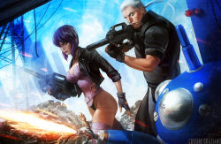 Rule 34 | 1boy, 1girl, aiming, artist name, batou (gits), black gloves, black jacket, black leotard, black shirt, breasts, character request, crystal graziano, cyborg, fingerless gloves, ghost in the shell, ghost in the shell stand alone complex, gloves, grey hair, gun, holding, holding gun, holding weapon, jacket, kusanagi motoko, large breasts, leotard, leotard under clothes, open clothes, open jacket, pink thighhighs, purple hair, red eyes, shirt, short hair, sleeves rolled up, tachikoma, thighhighs, weapon