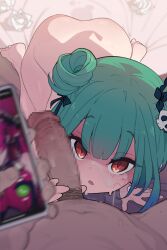 Rule 34 | 1boy, 1girl, after fellatio, ass, blush, breasts, cellphone, censored, cum, double bun, earrings, erection, facial, green hair, hair bun, hair ornament, hair ribbon, hetero, highres, hololive, jewelry, kakure eria, kneeling, large breasts, looking at another, looking up, male pubic hair, mosaic censoring, nude, open mouth, penis, phone, pov, pubic hair, red eyes, ribbon, short hair, sidelocks, skull hair ornament, solo, stray pubic hair, thighs, uruha rushia, virtual youtuber