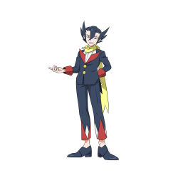 Rule 34 | 1boy, 99akt1031, absurdres, black footwear, black hair, black jacket, black pants, buttons, commentary request, creatures (company), full body, game freak, grimsley (pokemon), hair between eyes, highres, jacket, long sleeves, male focus, nintendo, open mouth, pants, pointy hair, pokemon, pokemon bw, scarf, shirt, shoes, simple background, smile, solo, standing, white background, white shirt, yellow scarf