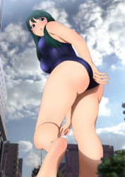 Rule 34 | 1girl, absurdres, ass, barefoot, blue eyes, blush, breasts, building, city, cloud, giant, giantess, green hair, highres, large breasts, legs, long hair, looking back, serious, sky, solo, standing, swimsuit, thighs, tree, yadokari genpachirou